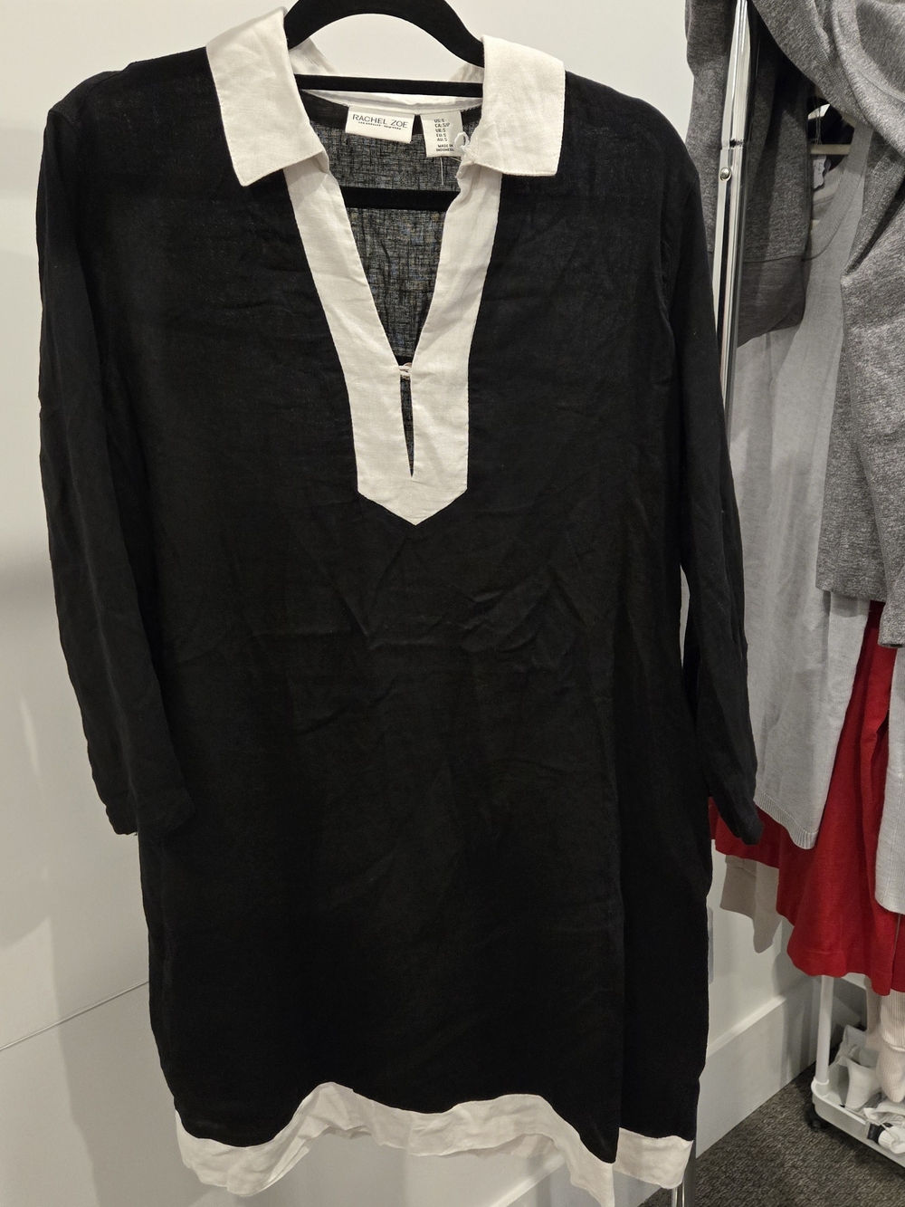 Black Linen Tunic with White Collar and Hem